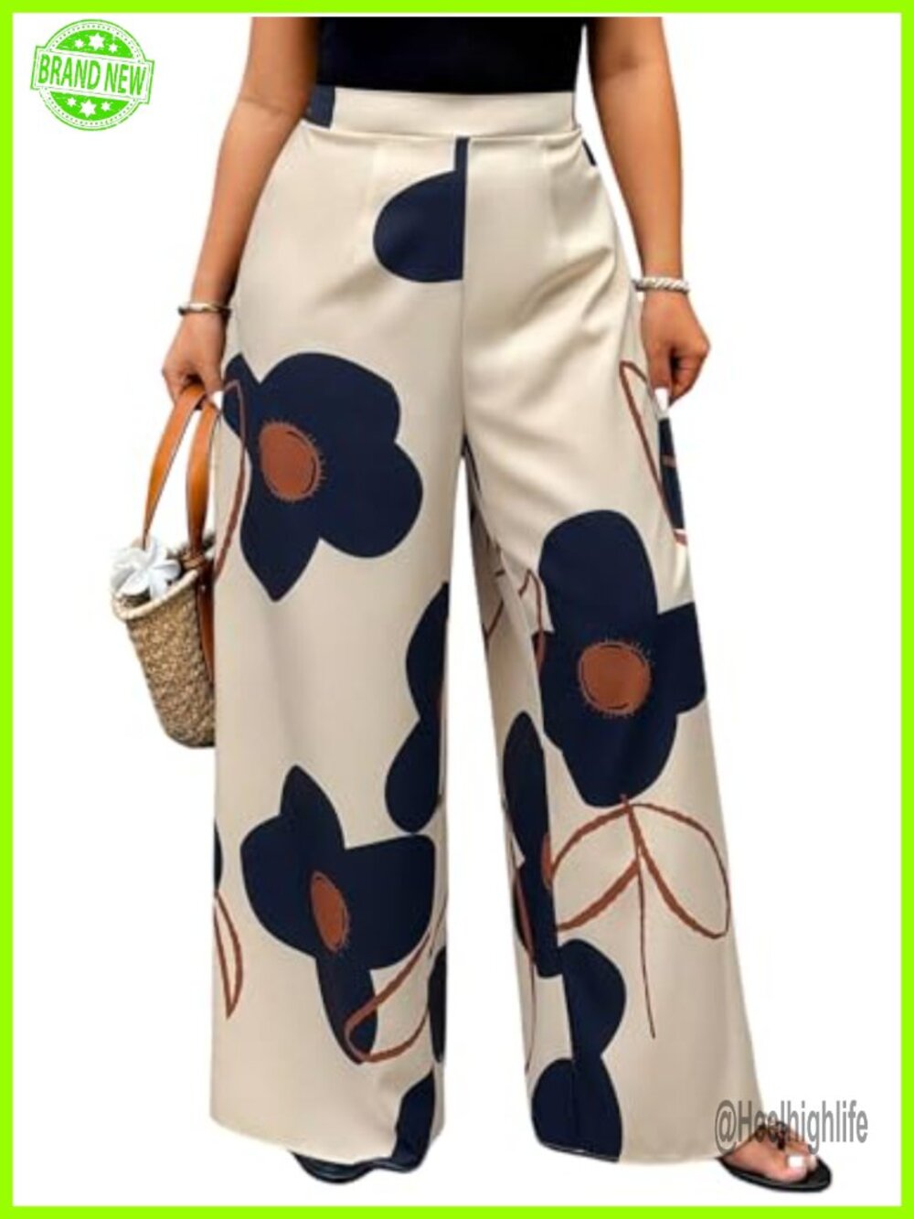 Plus Size Floral Wide Leg Palazzo Pants High Rise Elastic Waist Trousers